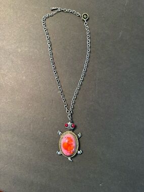 Women's Turtle Pendant Necklace with Pink and Orange Stone vintage